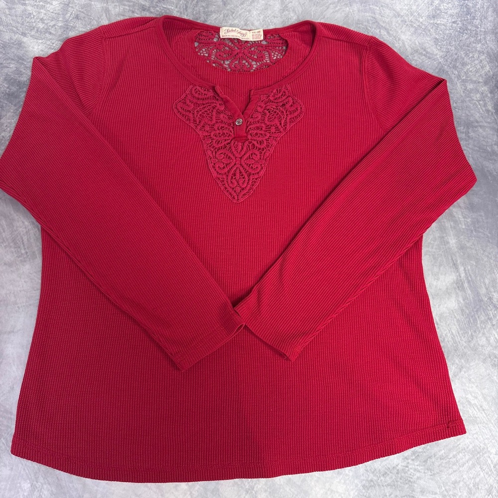 Faded Glory Henley Womens XXL 20 Red Waffle Knit Floral Lace Long Sleeve Shirt